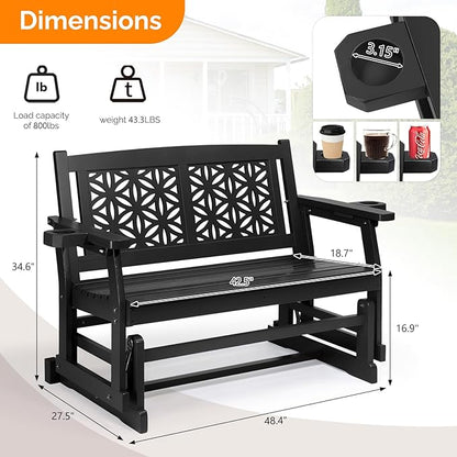 VINGLI Fir Wood Outdoor Glider with Floral Backrest, Wooden Patio Gliding Bench with Cup Holders, Smooth Rocking Chair for Garden, Yard & Porch (Black, 4FT)