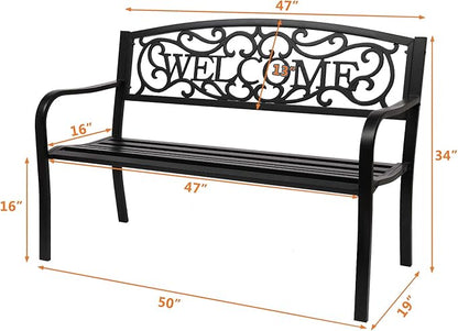 Outvita Outdoor Bench, 50" Metal Garden Bench Patio Park Furniture w/Warm Welcome Pattern & Plastic Backrest for Yard Entryway Deck Porch Black