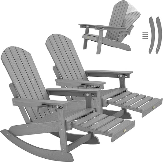 YEFU Adirondack Rocking Chairs Set of 2, Adjustable Adirondack Chair with Retractable Ottoman,Outdoor Rocking Chair,Rockings Chairs Outside,Weather Resistant,for Patio,Porch,Lawn,Heavy Duty,Grey