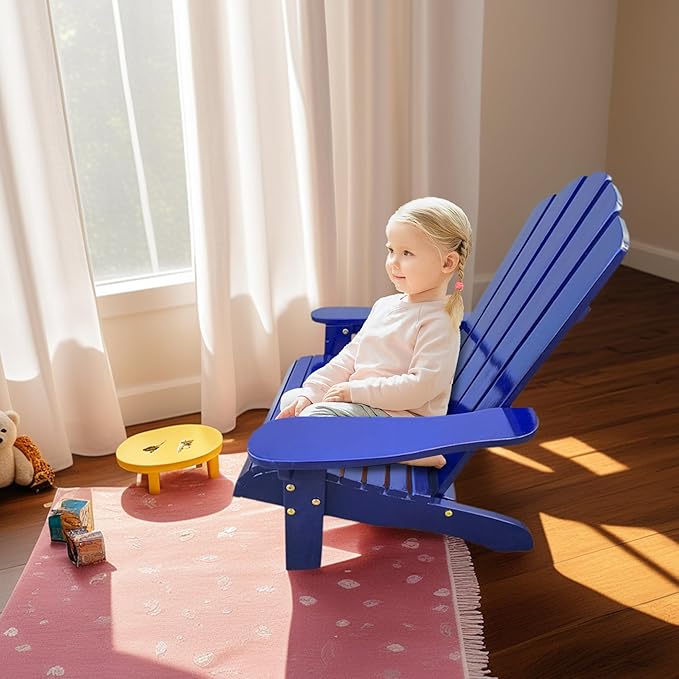 Wood Adirondack Chair, Ergonomic All-Weather Adirondack Chairs for Kids, Leisure Line Adirondack Lounge Outdoor Chairs Durable Patio Lounge Chair for Garden Lawn Indoor Blue