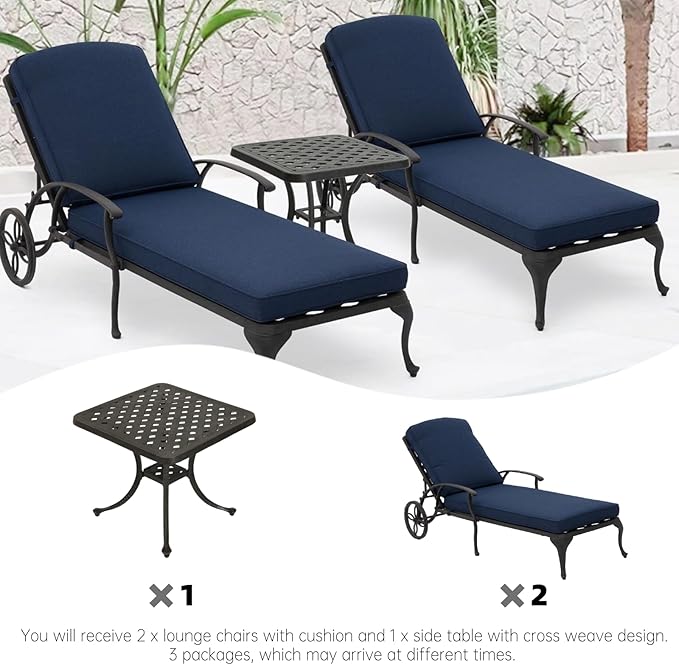 Chaise Lounge Outdoor Chair with Side Table, Adjustable Reclining Rust-Resistant Aluminum Cast Poolside Chaise with Convenient Wheels, Outdoor Lounge Furniture Set of 3, (Denim Blue)