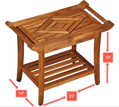 Luxury Teak Shower Bench Stool Seat Chair with Leveling Feet, Waterproof, Teak Oil Finish, Large, 25x19x14, for Bathroom, Spa, Sauna, Pool Deck, Patio, Garden, RV, from Our Diamond Collection