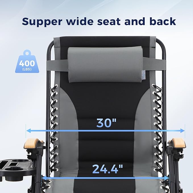 MAISON ARTS Oversized XXL Padded Zero Gravity Chair Set of 2, 30" Wide Seat Foldable Patio Recliner - Photo 4