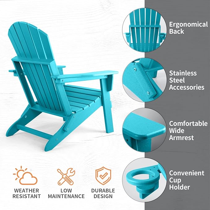 FUNBERRY Folding Adirondack Chair, HDPE All Weather Fire Pit Chairs with Cup Holder for Outdoor