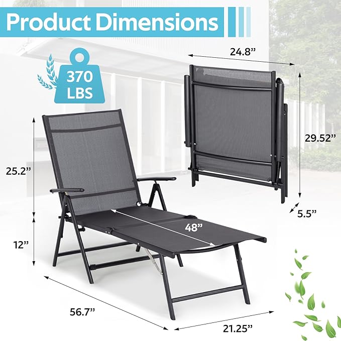 Esright Outdoor Chaise Lounge Set of 2, Adjustable Reclining Folding Pool Lounger for Poolside - Photo 2