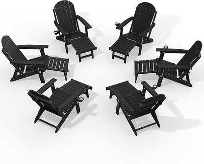 YEFU Adirondack Chair with Retractable Ottoman: Adjustable Folding Adirondack Chairs with Cup Holder - Sturdy HDPE Plastic Fire Pit Chairs Set of 6 - All Weather for Outdoor/Patio/Pool/Deck(Black)