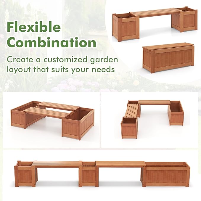 2 Pcs Raised Garden Bed with Bench, 2 in 1 Wooden Outdoor Planter Bench w/Removable Top, Open Base & 45 Gallon Large Capacity, Rectangular Planter Box for Flowers Herbs, Patio Yard Balcony