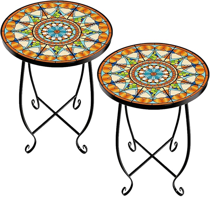 Set of 2 Mosaic Outdoor Side Tables Round, 15 Inch Height - Small Patio Table Set - Photo 1