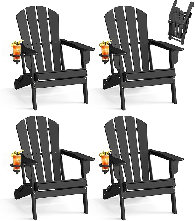 BRIOPAWS Folding-Adirondack-Chairs Set of 4 | HDPE Plastic | Fire Pit Chair | Cup Holder | Curved Back | All Weather | for Outdoor Backyard Deck Patio | Black
