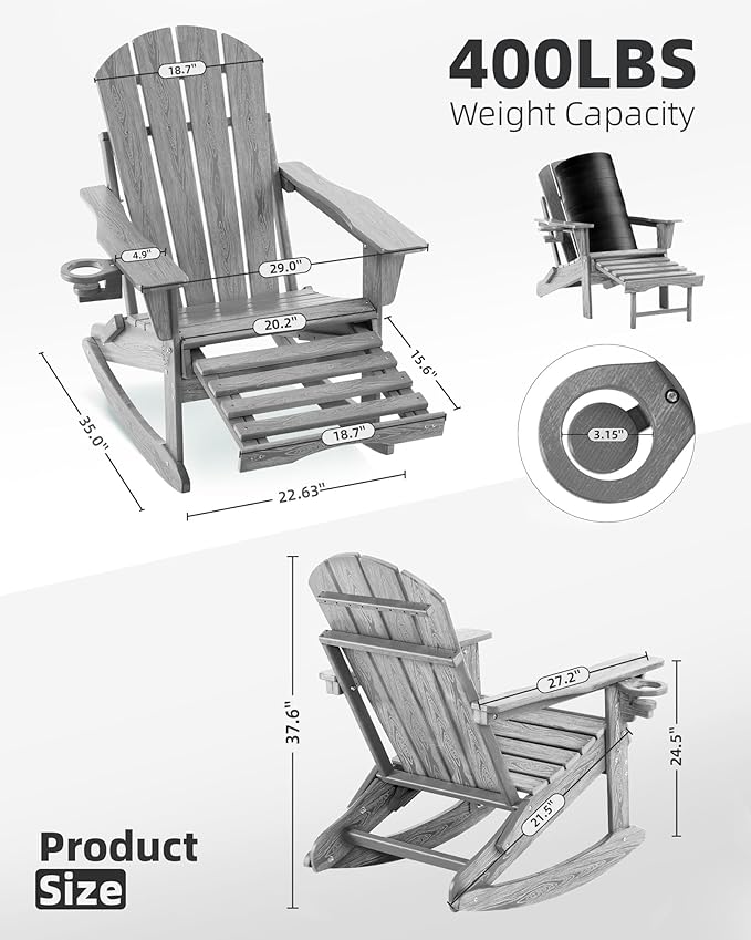 Folding Adirondack Rocking Chair Set of 4,4-in-1 Multifunctional Patio Chairs with Retractable Ottoman, Outdoor Chairs Wood Texture, Lawn Chair for Porch, Backyard, Pool(Grey)