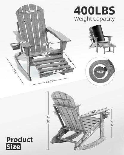 Folding Adirondack Rocking Chair Set of 4,4-in-1 Multifunctional Patio Chairs with Retractable Ottoman, Outdoor Chairs Wood Texture, Lawn Chair for Porch, Backyard, Pool(Grey)