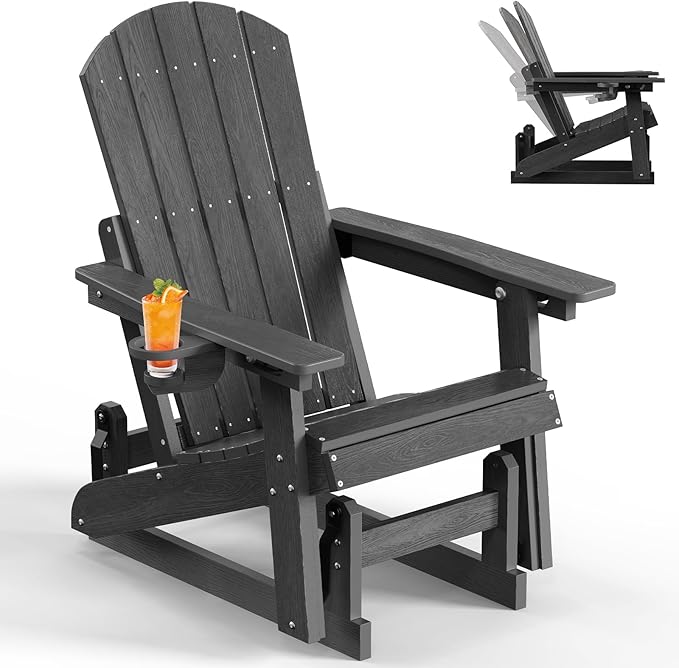 3-Position Adjustable Adirondack Chair with Cup Holder, HDPE All-Weather Outdoor Glider Chair, Wood-Grain Fire Pit Chairs for Pool, Yard, Deck (Black)