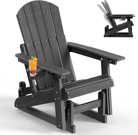 3-Position Adjustable Adirondack Chair with Cup Holder, HDPE All-Weather Outdoor Glider Chair, Wood-Grain Fire Pit Chairs for Pool, Yard, Deck (Black)