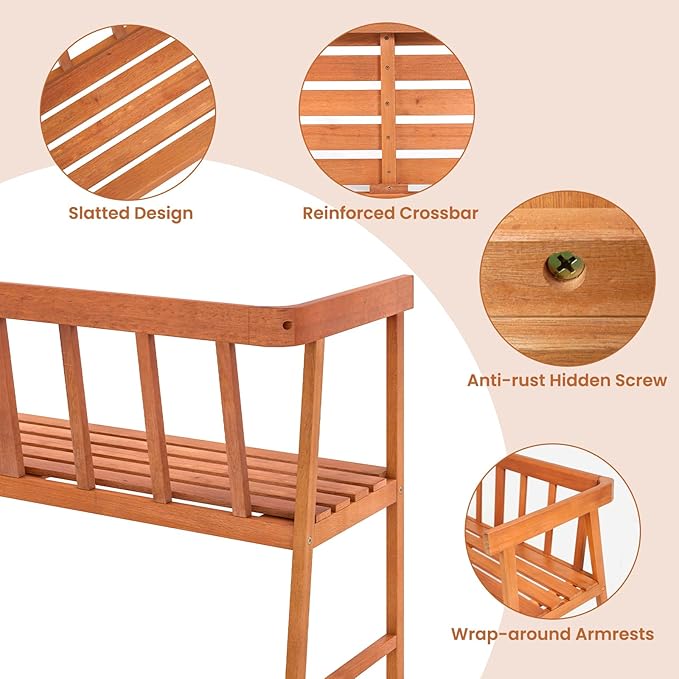 Tangkula Outdoor Eucalyptus Wood Bench, 2-Person Garden Bench with Backrest and Armrests - Photo 6