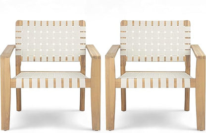 Christopher Knight Home Set of 2 Lena Patio Furniture Acacia Wood Armchair, Woven Rope Outdoor Club Chair, Deep Seating Porch Chairs for Garden, Backyard/Balcony, Light Teak Finish & White