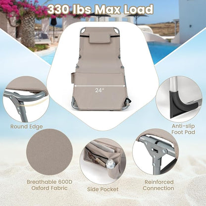 Goplus Tanning Chair, Folding Outdoor Beach Lounge Chair with Face & Arm Hole, Carrying Strap, Pillow, Side Pocket, 5-Position Adjustable Chaise Lounge Chair Sunbathing Chair for Lawn Pool, 330 LBS