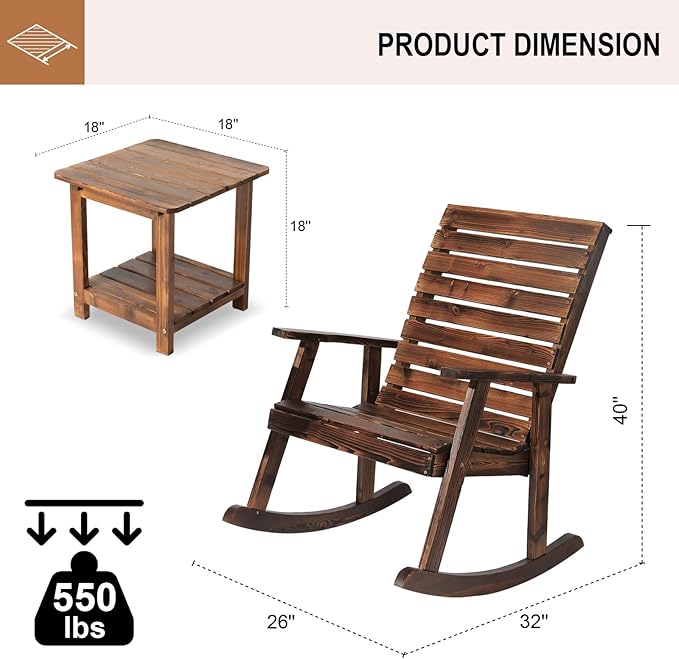 2-Piece Outdoor Rocking Chair with Table, Rocking Bistro Set High Back Porch Rocker Table Set for Patio Lawn Garden - Photo 2