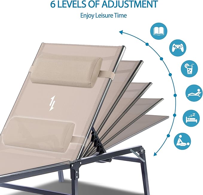 Foldable Outdoor Lounge Chairs Set of 2, No Assembly Chaise Lounge Outdoor with Cup Holder and 6 Adjustable Positions - Photo 4