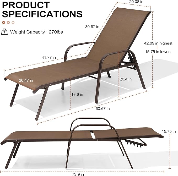 Crestlive Outdoor Chaise Lounge Chair,5-Position Pool Lounge Chairs with Armrests Sunbathing Recliner for Patio,Beach,Deck,Yard (4PC Brown)