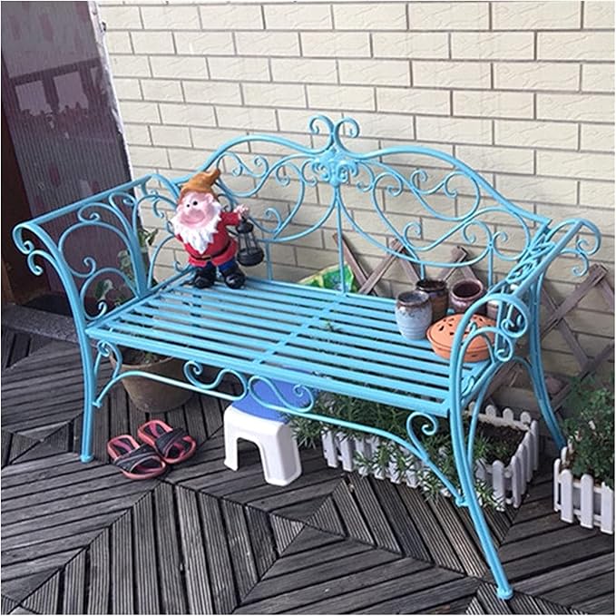 Park Bench Patio Garden Bench Backyard Benches, Metal Garden Bench Seat Park Chair Patio Decoration Furniture, Beautiful Shabby Vintage Outdoor Bench with Backrest (Color : Blue)