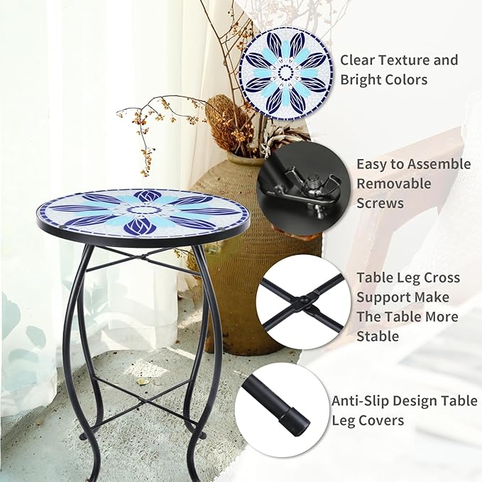 VCUTEKA Patio Side Table Outdoor Accent Table Bistro Coffee Table Plant End Table Small Porch Tables Indoor Round Glass Balcony Blue Flowers 14 inches
