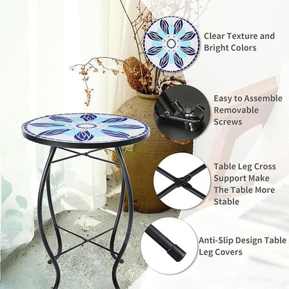 VCUTEKA Patio Side Table Outdoor Accent Table Bistro Coffee Table Plant End Table Small Porch Tables Indoor Round Glass Balcony Blue Flowers 14 inches