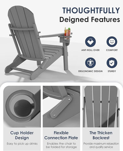 Folding Adirondack Chairs Set of 4, All-Weather Resistant HDPE Patio Firepit Chairs, Sturdy Outside Chairs with Cup Holder, Lawn Chairs, 80% Pre-Installed Load Capacity 385lb, Slate Grey