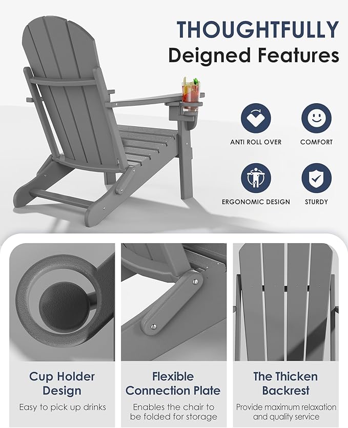 Folding Adirondack Chairs Set of 2, All-Weather Resistant HDPE Patio Firepit Chairs, Sturdy Outside Chairs with Cup Holder, Lawn Chairs, 80% Pre-Installed Load Capacity 385lb, Slate Grey
