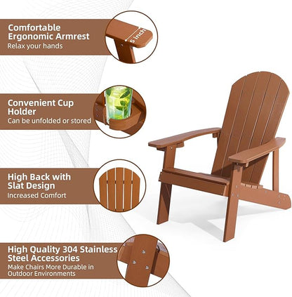 Adirondack Chairs Set of 2, All Weather Resistant Plastic Chairs with Cup Holder, 5 Easy Steps to Install, Outdoor Chairs for Patio, Garden, Backyard Deck, Lawn, Fire Pit - Teak