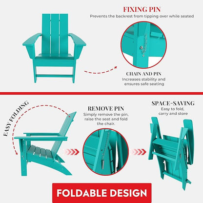 Costaelm Folding Adirondack Chairs, Outdoor Patio Adjustable Lawn Chairs, Weather Resistant Outside Firepit Chairs for Porch, Poolside, Garden, Backyard Deck, Turquoise