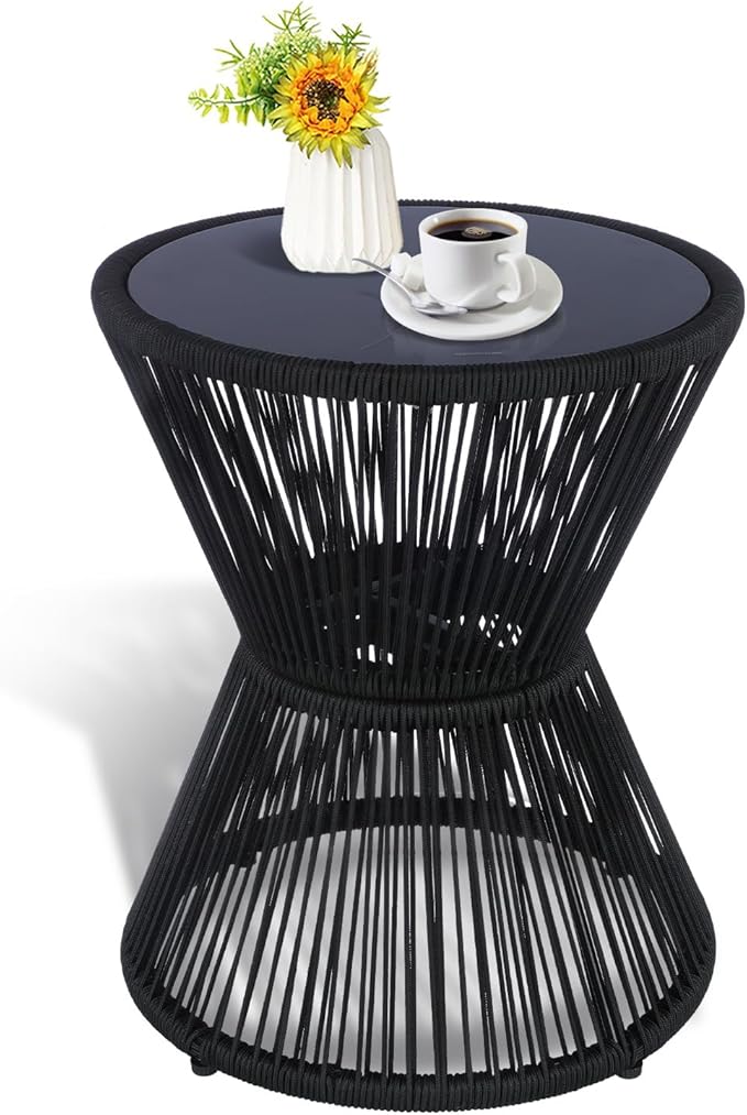 LEWIS&WAYNE Small Outdoor Side Table Patio 20’’ H Woven Rope Hourglass End Table with Glass Top Round Coffee Table for - Photo 1