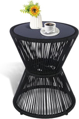 LEWIS&WAYNE Small Outdoor Side Table Patio 20’’ H Woven Rope Hourglass End Table with Glass Top Round Coffee Table for - Photo 1