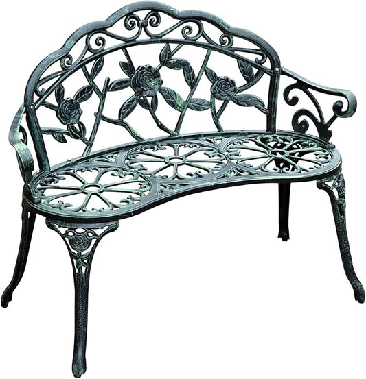 39" Outdoor Bench, Cast Aluminum Metal Garden Bench with Floral Rose Accent & Antique Finish(Green)
