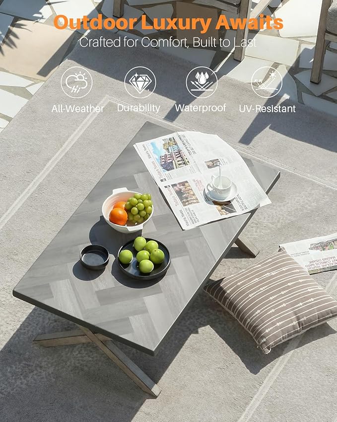Aluminum Outdoor Coffee Table, All-Weather Rectangle Patio Coffee Table with Resin Tabletop, Modern Aluminum Outdoor Furniture Table for Patio, Poolside, Garden, Balcony, White Oak