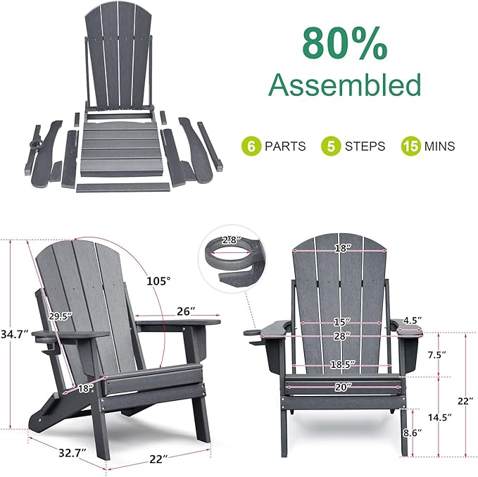 ATR ART TO REAL Folding Adirondack Chairs, HDPE Weather Resistant Outdoor Firepit Chairs with Cup Holder, Patio Folding Chairs for Garden, Lawn, Backyard, Deck, Fire Pit(Grey)