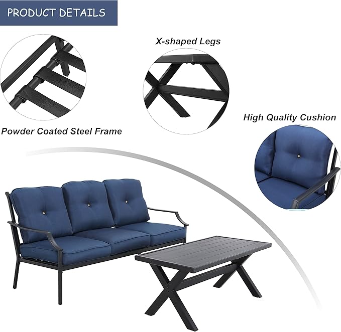 LOKATSE HOME Outdoor Patio Cushioned Loveseat 3 Seats Sofa Bench with Metal Coffee Table