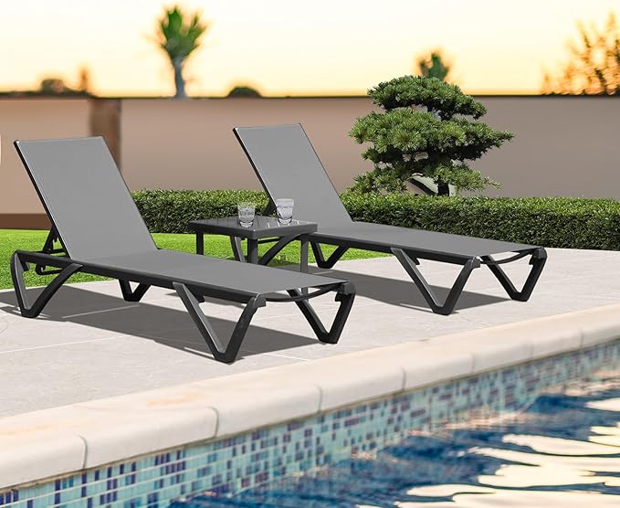 Domi Pool Lounge Chairs Set of 2 with Side Table, Aluminum Outdoor Chaise Lounge with Wheels - Photo 7