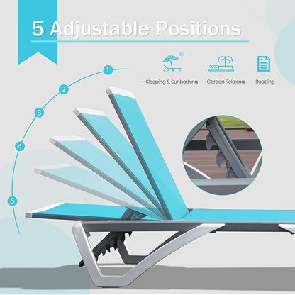 Domi Outdoor Chaise Lounge Chair, Aluminum Patio Lounge Chair with 5 Position Adjustable Backrest and Side Table, Poolside Lounge Chair for Garden, Beach, Yard(1 Turquoise Blue Chair W/Table)