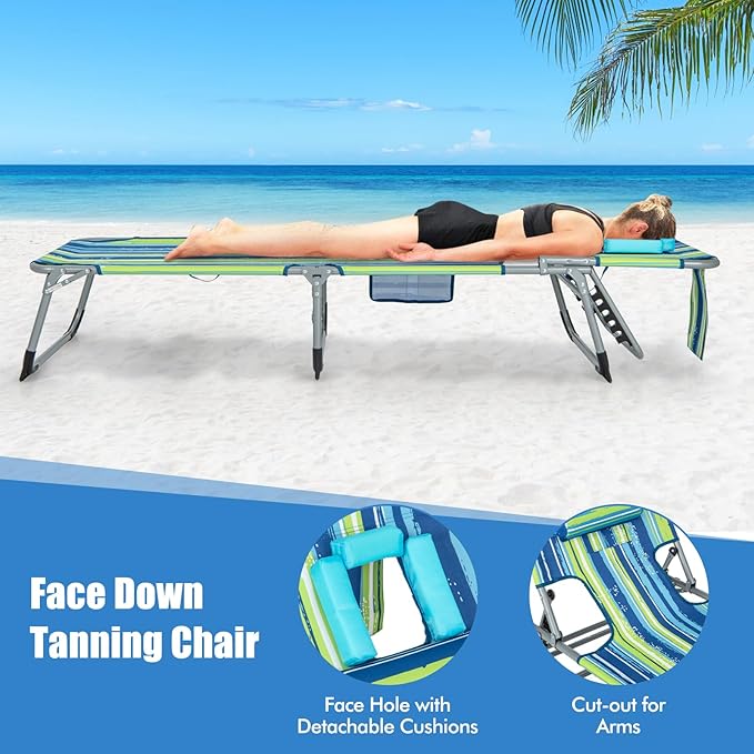Goplus Tanning Chair, Folding Adjustable Patio Lounge Chair with Face Hole, Removable Pillow, 330LBS, Carry Strap, Outdoor Sunbathing Chair, Lightweight Portable Beach Lounge Chair, No Assembly