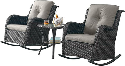 Rilyson Patio Chairs Outdoor Rocking Chair - 3 Piece Wicker Patio Bistro Set Rattan Patio Furniture Rocker Chairs and Side Table for Porch Deck Backyard Garden(Brown/Grey)
