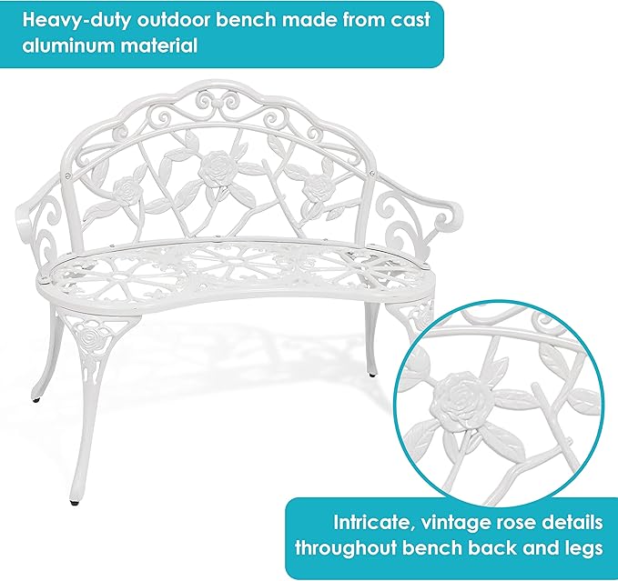 Sunnydaze 2-Person Classic Rose Cast Aluminum White Outdoor Garden Bench
