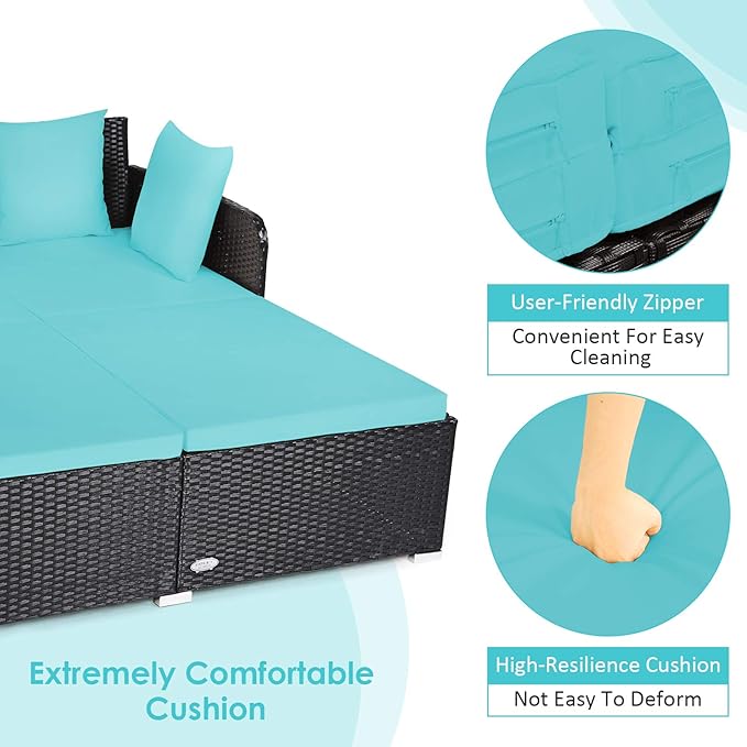 Tangkula Outdoor Rattan Daybed, Sunbed Wicker Furniture w/Spacious Seat, Upholstered Cushion & High-Resilience Sponge - Photo 6