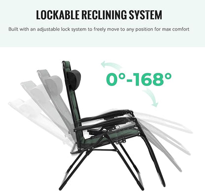 JEAREY Oversized Padded Zero Gravity Chairs, Folding Lounge Chair Outdoor Patio Recliner, Anti Gravity Chair for Backyard with Headrest, Cup Holder, Side Tray, Polyester Mesh - Black/Dark Green