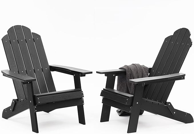 MXIMU Folding Adirondack Chair Set of 2 Weather Resistant Fire Pit Chairs Easy Assemble HIPS Plastic Outdoor Modern Adirondack Chairs for Patio, Lawn, Garden, Backyard, Deck(Black)