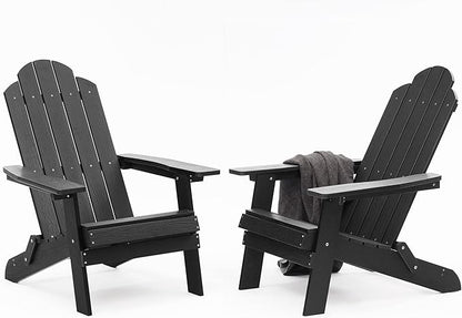 MXIMU Folding Adirondack Chair Set of 2 Weather Resistant Fire Pit Chairs Easy Assemble HIPS Plastic Outdoor Modern Adirondack Chairs for Patio, Lawn, Garden, Backyard, Deck(Black)