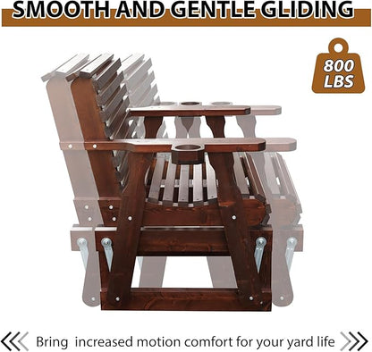 Outdoor Glider Chair,2-Seater Wooden Glider Patio Furniture Set with Table, Cupholder, High Back and Deep Contoured Seater, for Porch, Patio and Balcony, Dark Brown