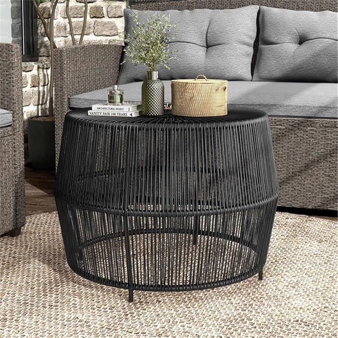 Round Outdoor Coffee Table, 21.7" W x 15.8" H, PE Wicker Rattan, Black Finish, Metal Frame, Lightweight Coastal Style - Photo 6
