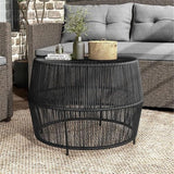 Round Outdoor Coffee Table, 21.7" W x 15.8" H, PE Wicker Rattan, Black Finish, Metal Frame, Lightweight Coastal Style - Photo 6