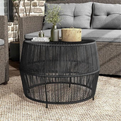 Round Outdoor Coffee Table, 21.7" W x 15.8" H, PE Wicker Rattan, Black Finish, Metal Frame, Lightweight Coastal Style, Weatherproof Design for Patio, Garden, Poolside, or Indoor Spaces