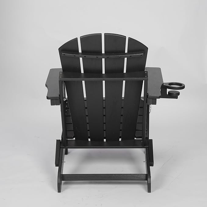 HDPE Folding Adirondack Chair with Dual Cup Holder - Composite Adirondack Chair with Wood Texture- Black